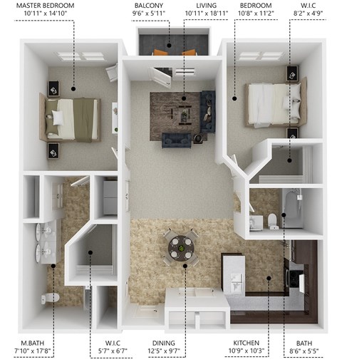 Floor plan for 2 beds, 2 baths, 1115 sqft